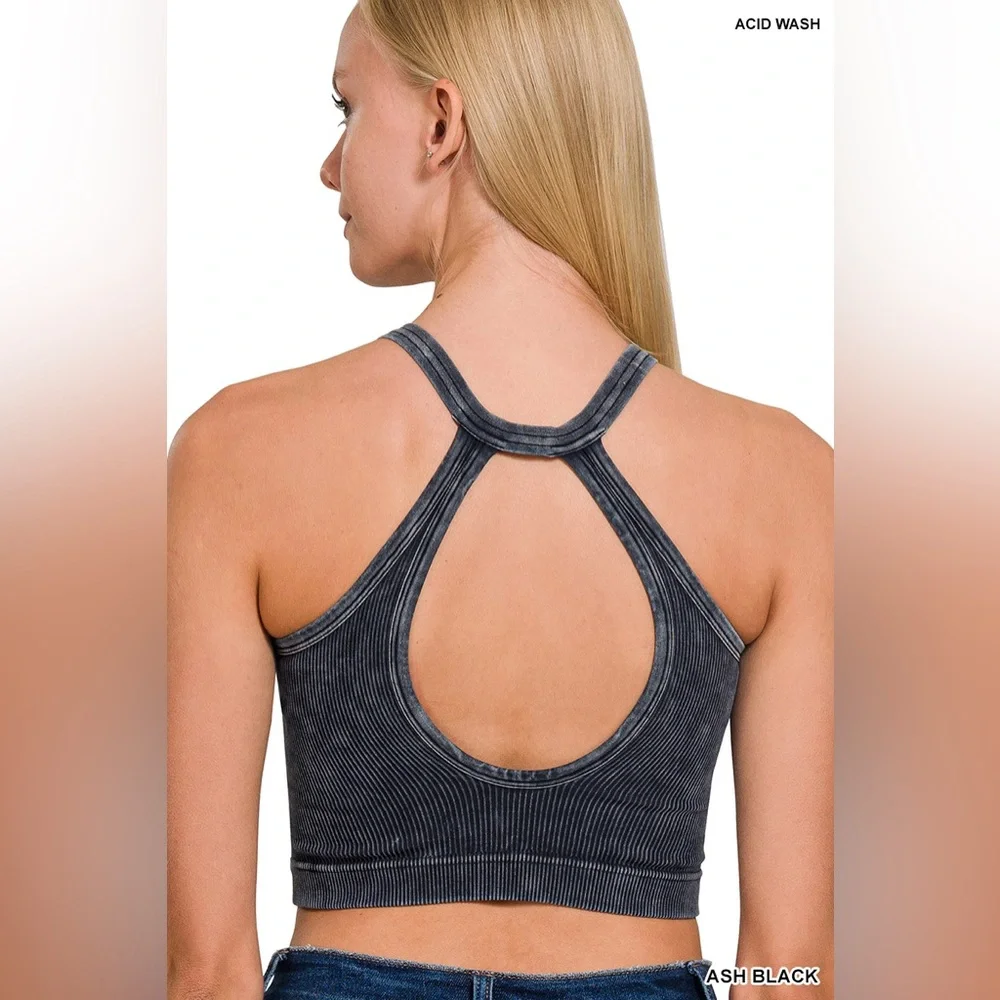 Ash Black Washed Ribbed Seamless Button V-Neck Tank - Picture 2 of 2